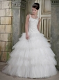 Elegant A-line Scoop Neck Floor-length Satin and Tulle Beading Wedding Dress