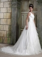 Elegant A-Line / Princess One Shoulder Court Train Satin / Tulle Ruch Wedding Dress