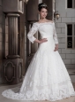 Exclusive A-line / Princess Off The Shoulder Court Train Satin and Point Nets Bud Silk Appliques Wedding Dress