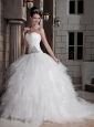 Gorgeous Ball Gown Sweetheart Court Train Tulle and Satin Ruffles Wedding Dress