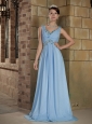 Light Blue Empire V-neck Brush Train Chiffon Beading Prom / Evening Dress