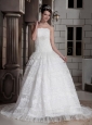 Luxurious Ball Gown Strapless Court Train Satin and Organza Voile Lace Wedding Dress