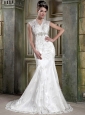 Customize Mermaid / Trumpet V-neck Court Train Elastic Wove Satin and Lace Beading and Appliques Wedding Dress