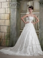 Romantic A-line Strapless Chapel Train Tulle Appliques Wedding Dress