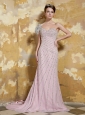 Baby Pink Column One Shoulder Court Train Chiffon Beading Prom / Evening Dress