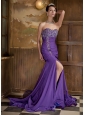 Purple Column Sweetheart Brush Train Elastic Woven Satin and Chiffon Beading Prom Dress