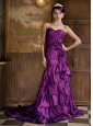 Purple Column Sweetheart Brush Train Taffeta Hand Made Flowers Prom Dress