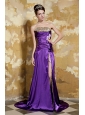Purple Empire Strapless Brush Train Elastic Woven Satin and Leopard Beading Prom Dress