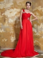 Red Empire One Shoulder Watteau Train Elastic Woven Satin and Chiffon Beading Prom / Evening Dress