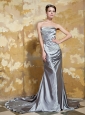 Grey Column Strapless Court Train Elastic Woven Satin Beaing and Ruch Prom / Evening Dress