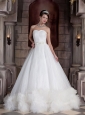 Exclusive A-line / Princess Sweetheart Court Train Satin and Feather Beading Wedding Dress