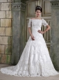 Popular A-Line / Princess Off The Shoulder Court Train Satin and Tulle Appliques Wedding Dress