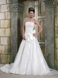 Fashionable A-Line / Princess Strapless Court Train Satin and Organza Appliques Wedding Dress
