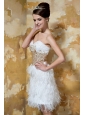 White  Column / Sheath Sweetheart Knee-length Satin and  Feather Beading Prom / Evening Dress