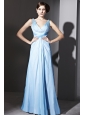 Aqua Blue Empire V-neck Floor-length Chiffon Beading and Ruch Prom / Evening Dres