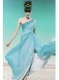 Baby Blue Empire One Shoulder Floor-length Chiffon Sequins and Beading Prom Dress