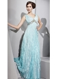 Baby Blue Empire V-neck Floor-length Chiffon Rhinestones Prom Dress