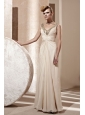 Champagne Empire V-neck Floor-length Chiffon Beading Prom Dress