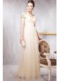 Champagne Empire V-neck Floor-length Tulle Beading Prom / Party Dress