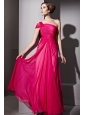 Coral Red Empire One Shoulder Floor-length Chiffon Sequins Prom / Evening Dress