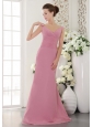 Baby Pink Column / Sheath V-neck Brush / Sweep Chiffon Ruch Bridesmaid Dress