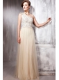 Champagne Empire One Shoulder Floor-length Tulle Sequins Prom / Party Dress