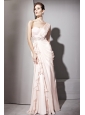 Baby Pink Column One Shoulder Floor-length Chiffon Rhinestones Prom Dress