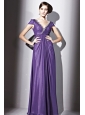 Purple Empire V-neck Floor-length Elastic Wove Satin and Chiffon Beading Prom / Evening Dress