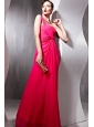Coral Red Empire One Shoulder Floor-length Chiffon Beading Prom Dress