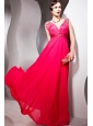 Coral Red Empire V- neck Floor-length Chiffon Beading Prom Dress