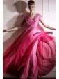 Hot Pink Empire V-neck Floor-length Chiffon Appliques and Ruch Prom / Celebrity Dress