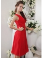 Red Empire V-neck Knee-length Chiffon Ruch Bridesmaid Dress