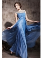 Sky Blue Empire Bateau Floor-length Chiffon Beading and Ruch Prom / Celebrity Dress