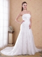 Romantic A-Line / Princess Strapless Court Train Organza and Satin Beading Wedding Dress