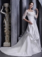 Affordable A-line Square Chaple Elastic Wove Satin Lace Wedding Dress