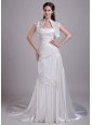 Beautiful Column / Sheath Strapless Brush Train Elastic Woven Satin Lace wedding Dress