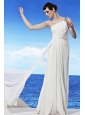 White Empire One Shoulder Floor-length Chiffon Beading Prom Dress