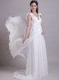 The most Popular Empire V-neck Brush Train Chiffon Beading Beach Wedding Dress