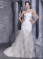 Elegant Mermaid One Shoulder Court Train Organza Ruch Wedding Dress