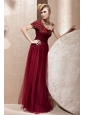 Wine Red Column / Sheath One Shoulder Floor-length Tulle Beading Prom / Evening Dress