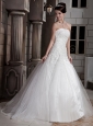 Wonderful  Ball Gown Strapless Floor-length Tulle and Satin Appliques Wedding Dress