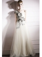 Light Yellow Empire One Shoulder Floor-length Tulle Appliques and Beading Prom Dress