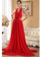 Red Column / Sheath Halter Court Train Chiffon Hand Made Flowers and Ruch Prom / Evening Dress
