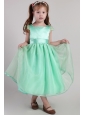 Turquoise A-line Square Tea-length Organza Belt Little Girl Dress