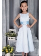 Light Blue A-line / Princess Scoop Tea-length Satin Belt Flower Girl  Dress
