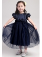Navy Blue A-Line / Princess Scoop Tea-length Taffeta and Organza Hand Made Flower Flower Girl Dress