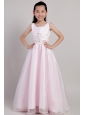Pink A-line Scoop Ankle-length Taffeta and Organza Beading Flower Girl Dress
