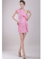 Pink Column One Shoulder Mini-length Chiffon Ruch Prom / Cocktail Dress