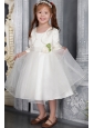 White A-line / Princess Scoop Tea-length Organza Sash Flower Girl Dress