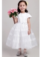 White A-Line / Princess Scoop Tea-length Satin and Lace Hand Made Flower Flower Girl Dress